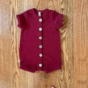wine red romper with big wooden buttons